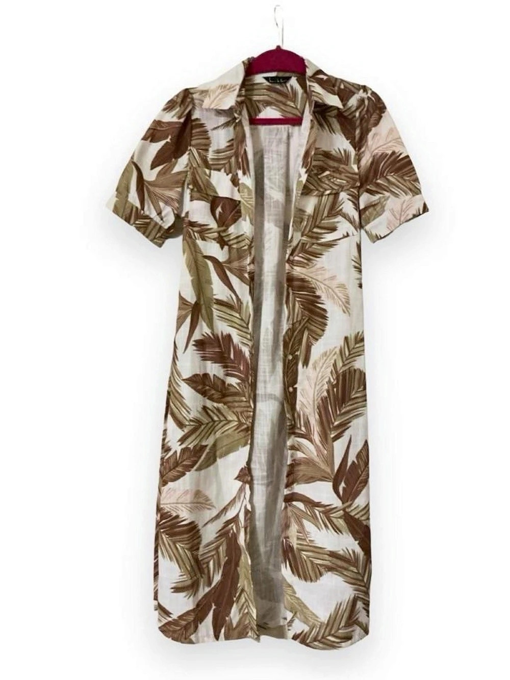 Nicole Miller Tropical Palm Leaf Linen Midi Shirt Dress Side Pockets Sz 6